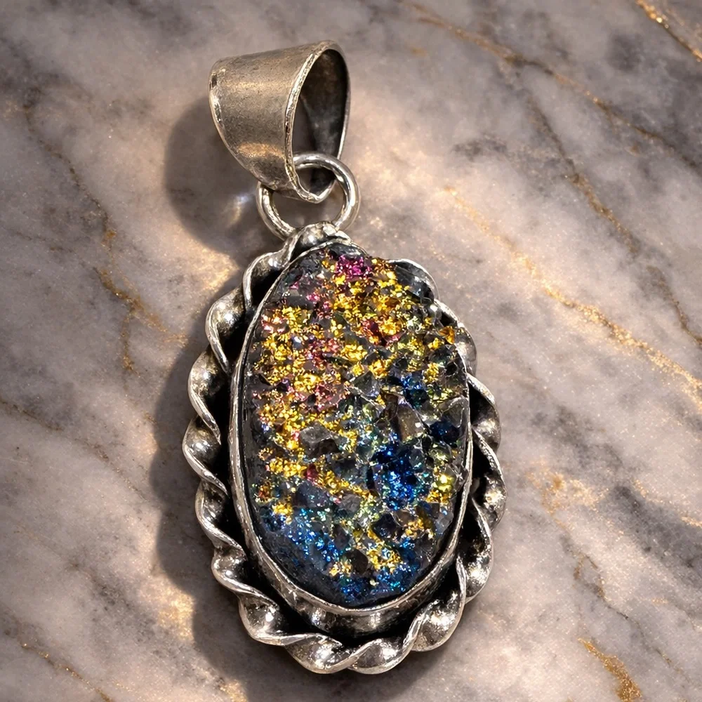 Titanium Rainbow Drusy Pendant Silver Plated Boho Crystal Pendent